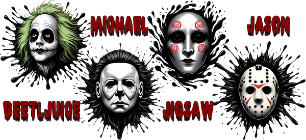 A vibrant graphic featuring iconic horror movie characters, including Beetlejuice, Michael Myers, Jigsaw, and Jason, with bold text highlights.UV Transfers dtf transfers