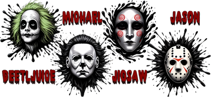 A vibrant graphic featuring iconic horror movie characters, including Beetlejuice, Michael Myers, Jigsaw, and Jason, with bold text highlights.UV Transfers dtf transfers