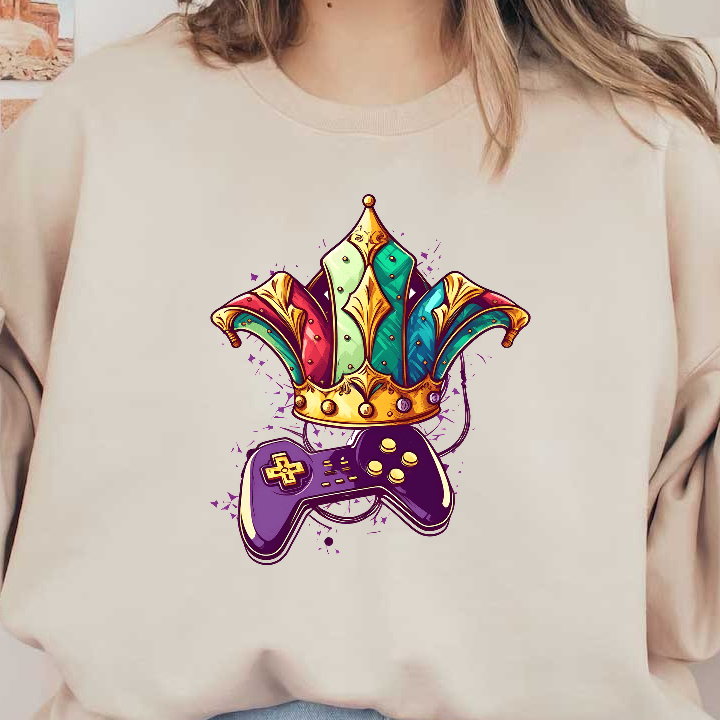 A vibrant illustration featuring a colorful crown with intricate designs resting atop a purple game controller.DTF Transfers