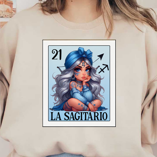 Una encantadora ilustración de una niña con cabello largo y ondulado con un atuendo azul, que representa a Sagitario con intrincados tatuajes y accesorios.