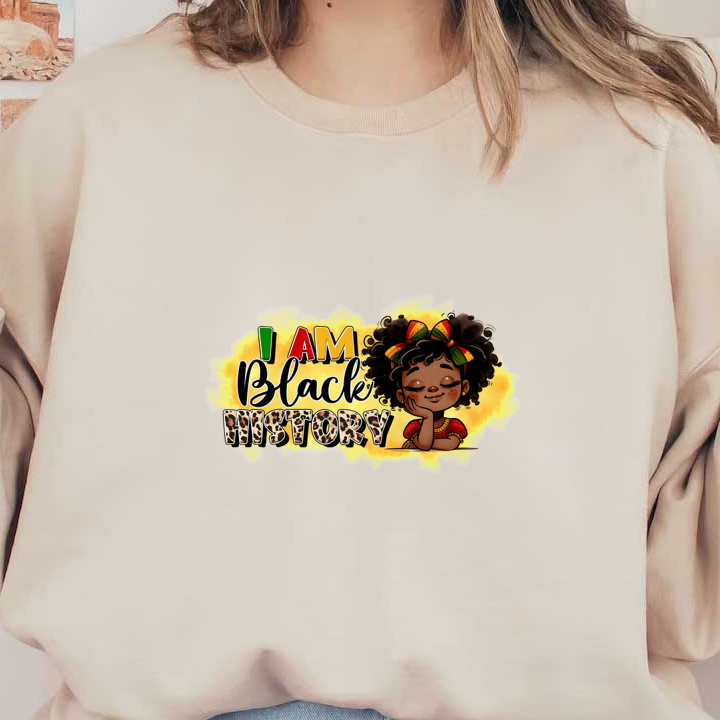 A vibrant illustration featuring a joyful child with curly hair, showcasing the message "I AM Black History" with colorful accents. dtf prints