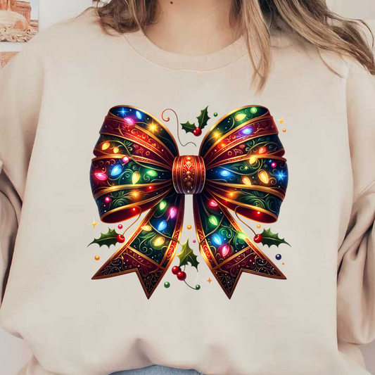 A festive, vibrant Christmas bow adorned with colorful lights and holly accents, perfect for holiday decorations. heat press transfers