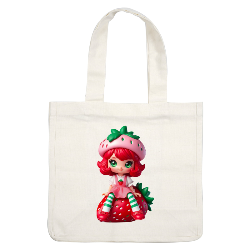 This is a charming strawberry-themed doll with bright red hair, striped stockings, and a cute strawberry hat.DTF Transfers