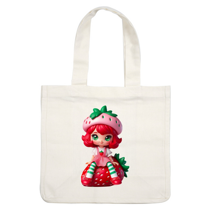 This is a charming strawberry-themed doll with bright red hair, striped stockings, and a cute strawberry hat.DTF Transfers