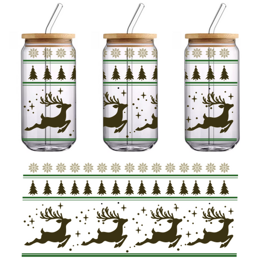 Patrón festivo festivo con renos, árboles de Navidad y copos de nieve, perfecto para decoraciones o manualidades de temporada. Transferencias UV