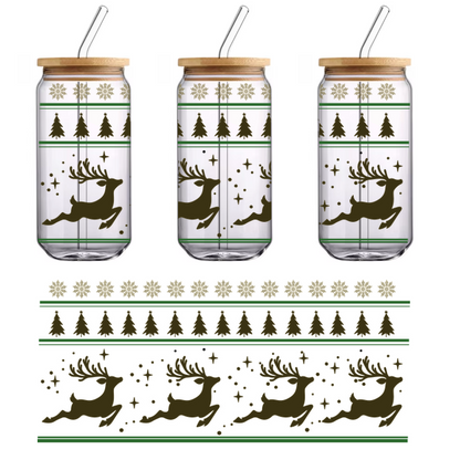 Un diseño de borde festivo con renos, árboles de Navidad y copos de nieve, perfecto para decoraciones navideñas o proyectos de manualidades. Transferencias UV