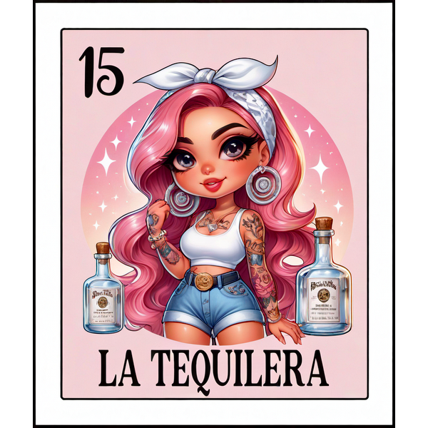 Una ilustración vibrante que presenta a una joven elegante con cabello rosado y tatuajes, enmarcada por dos botellas de tequila y el título "La Tequilera".