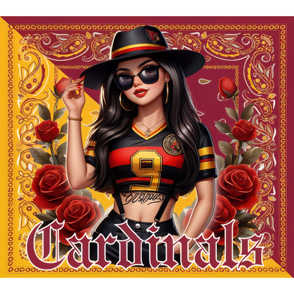 Una elegante ilustración de una mujer con una camiseta de los "Cardinals" con rosas, que irradia confianza y estilo.