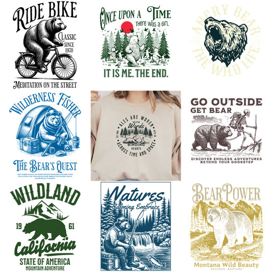 A white T-shirt with a bear print on it stands out.DTF Transfers