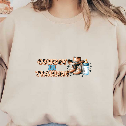 A playful "Cowboy in Training" design featuring cowboy boots, a hat, and a baby bottle, perfect for little cowboys. dtf transfers