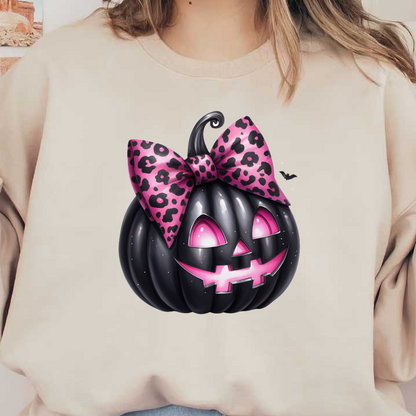 Una divertida calabaza negra con un lazo con estampado de leopardo rosa y ojos brillantes, perfecta para una elegante decoración de Halloween.