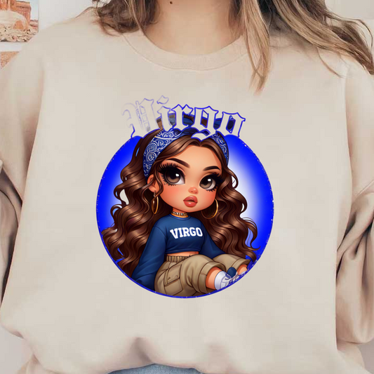 A cute illustrated character representing Virgo, featuring curly hair, a blue bandana, and stylish casual attire.dtf regular iron