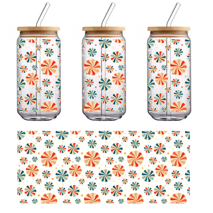 Patrones coloridos y divertidos de círculos y estrellas que giran sobre un fondo oscuro, creando un efecto visual vibrante. Transferencias UV