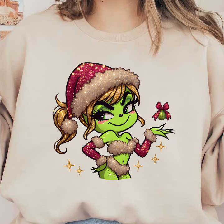 A playful, green-skinned cartoon character in a sparkly Christmas outfit and Santa hat, showcasing holiday cheer with a festive ornament.DTF Transfersdtf regular iron