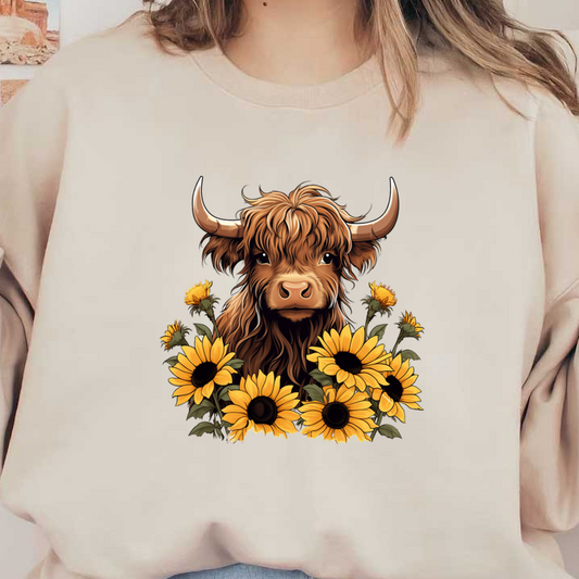 A charming Highland cow surrounded by vibrant sunflowers, featuring a fluffy mane and expressive eyes, adding a rustic touch. dtf prints