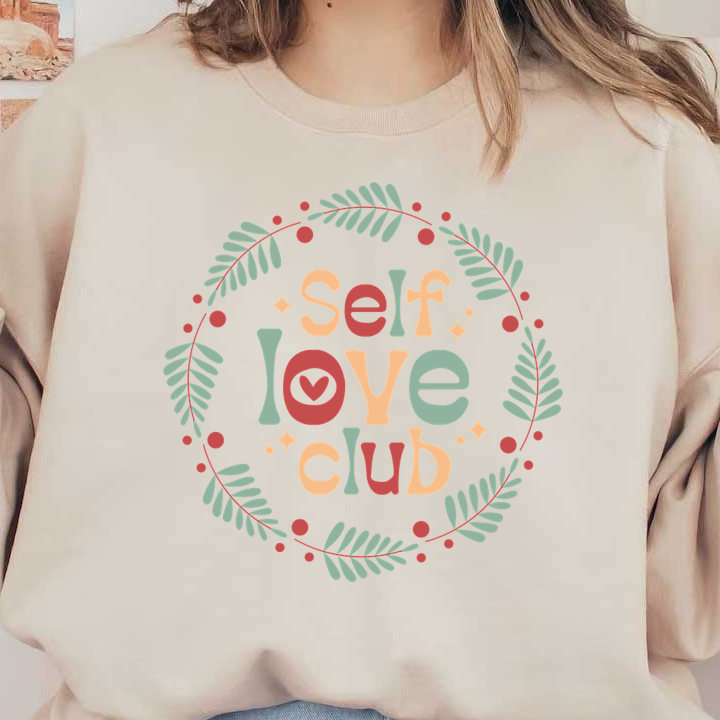 Un diseño caprichoso de "Club del amor propio", rodeado de vegetación frondosa y acentos coloridos que enfatizan la positividad y la autoaceptación.