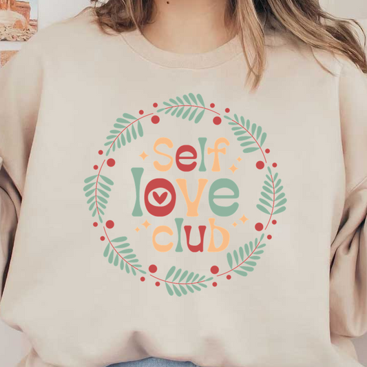 Un diseño caprichoso de "Club del amor propio", rodeado de vegetación frondosa y acentos coloridos que enfatizan la positividad y la autoaceptación.