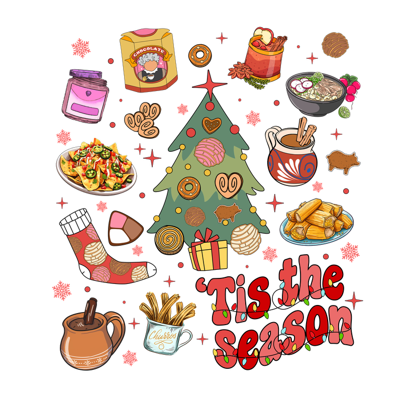 A festive illustration featuring a decorated Christmas tree surrounded by delicious seasonal treats like cookies, nachos, and warm beverages.DTF Transfers heat press transfers heat press transfers