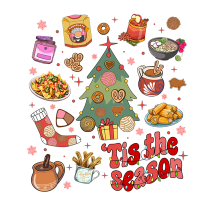 A festive illustration featuring a decorated Christmas tree surrounded by delicious seasonal treats like cookies, nachos, and warm beverages.DTF Transfers heat press transfers heat press transfers