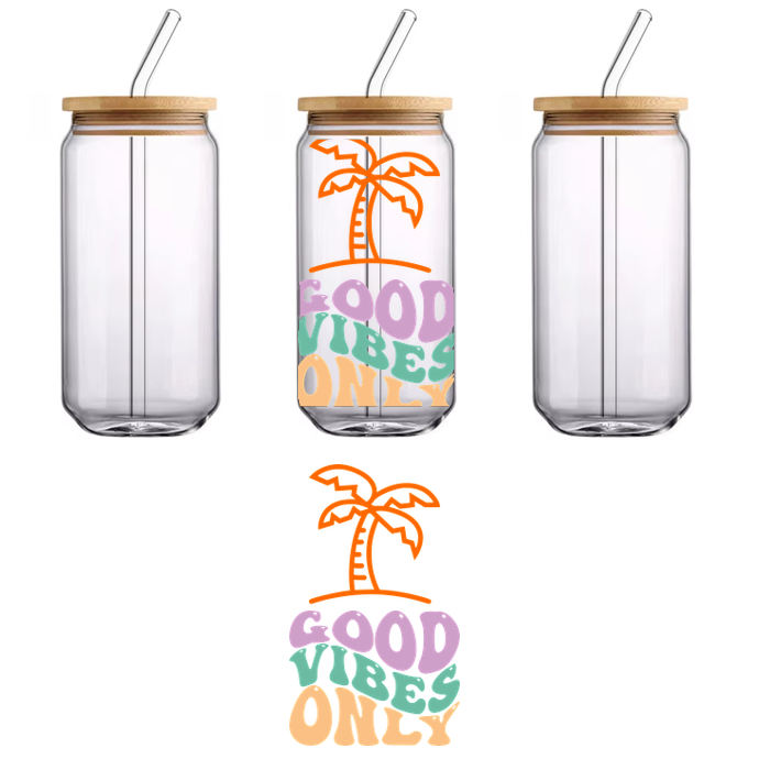 A vibrant, playful design featuring a palm tree and the phrase "Good Vibes Only" in colorful letters.UV Transfers dtf prints