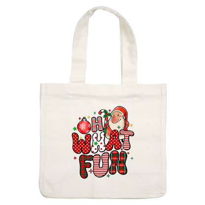 Celebrate the season with this cheerful Christmas design featuring Santa and playful lettering that reads, "Oh What Fun!" heat press transfers