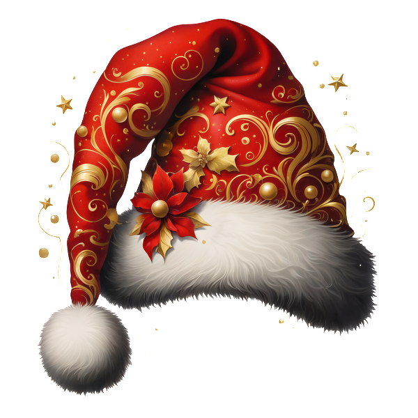 Festively adorned, this red Santa hat features intricate golden swirls, a fluffy white trim, and a charming poinsettia decoration. heat press transfers