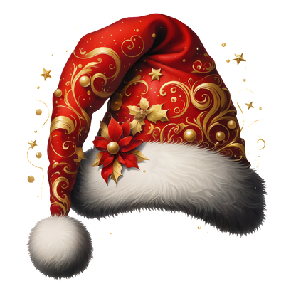 Festively adorned, this red Santa hat features intricate golden swirls, a fluffy white trim, and a charming poinsettia decoration. heat press transfers