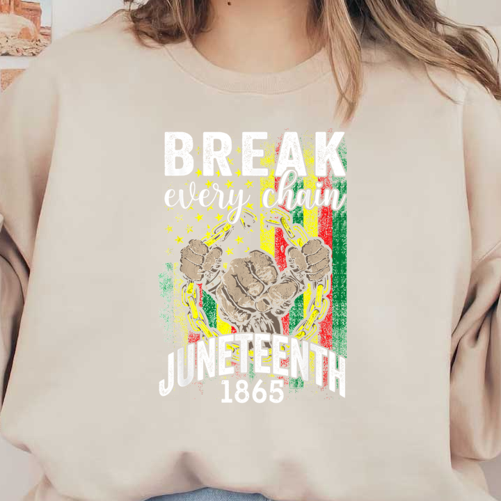 A powerful graphic celebrating Juneteenth 1865, featuring a fist breaking chains against a vibrant background with patriotic colors. dtf prints