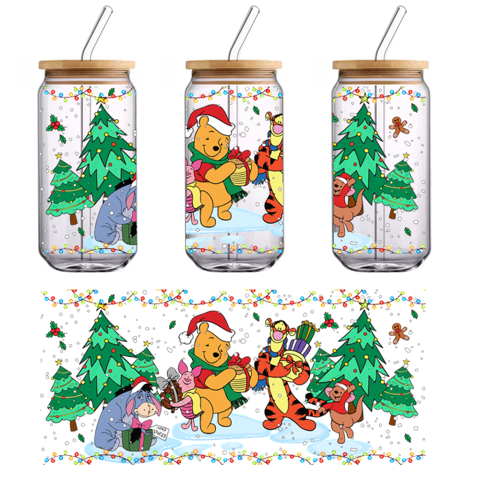 Join Winnie the Pooh and friends in a festive winter scene, celebrating with gifts and holiday cheer in a snowy wonderland!UV Transfers dtf prints