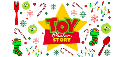 Celebrate the holiday spirit with this vibrant "Toy Christmas Story" graphic, featuring playful elements like ornaments, candy canes, and cheerful colors!UV Transfers heat press transfers