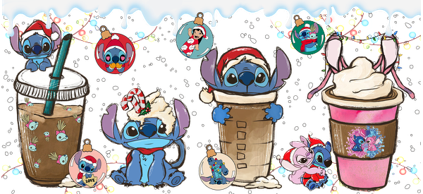 Celebrate the holidays with these adorable Stitch characters enjoying festive drinks, complete with Santa hats and playful decorations!UV Transfersdtf regular iron