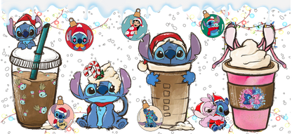 Celebrate the holidays with these adorable Stitch characters enjoying festive drinks, complete with Santa hats and playful decorations!UV Transfersdtf regular iron