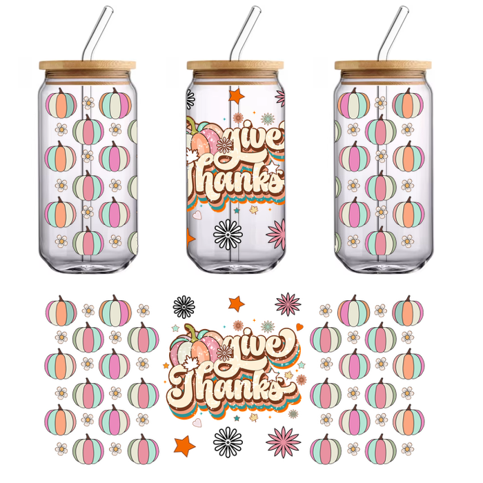 A cheerful graphic featuring the phrase "Give Thanks" surrounded by colorful pumpkins, flowers, and star accents, perfect for fall celebrations.UV Transfers heat press transfers