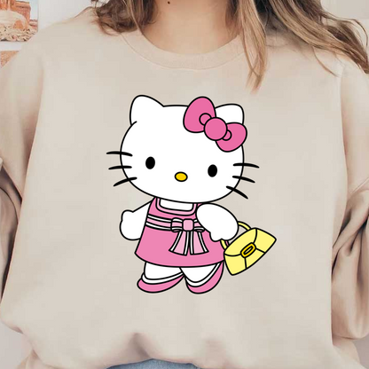 Meet Hello Kitty, a cute cartoon character dressed in a pink dress with a bow, carrying a yellow handbag!DTF Transfers