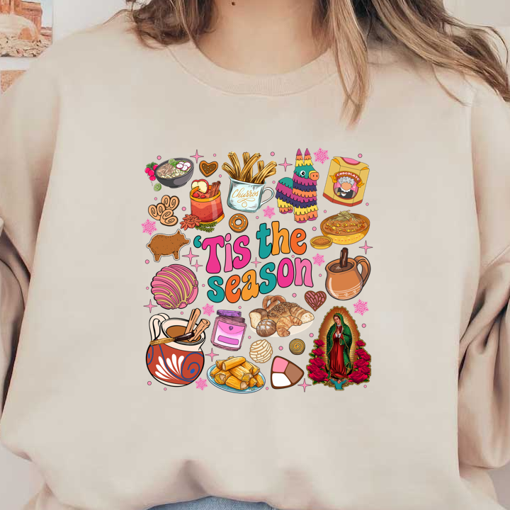 Celebrate the season with this vibrant design featuring festive treats, traditional foods, and colorful decorations that evoke holiday joy!DTF Transfers dtf transfers dtf prints