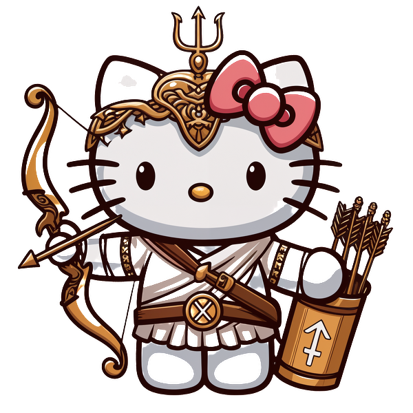 Cute Hello Kitty dressed as an archer warrior, complete with a bow, arrows, and intricate armor detailing.DTF Transfers dtf transfers