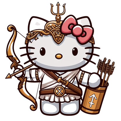 Cute Hello Kitty dressed as an archer warrior, complete with a bow, arrows, and intricate armor detailing.DTF Transfers dtf transfers