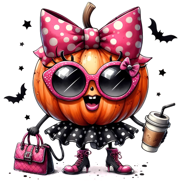 Meet a stylish pumpkin character dressed in a polka-dotted skirt and oversized sunglasses, complete with a pink handbag and coffee!dtf regular iron