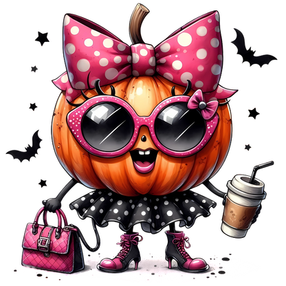 Meet a stylish pumpkin character dressed in a polka-dotted skirt and oversized sunglasses, complete with a pink handbag and coffee!dtf regular iron