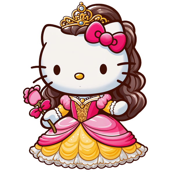 Adorable Hello Kitty dressed as a princess, complete with a pink gown, crown, and a bouquet of flowers.DTF Transfers heat press transfers