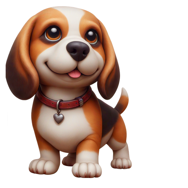 Este adorable beagle de dibujos animados presenta un pelaje brillante, ojos expresivos y un collar en forma de corazón, ¡perfecto para cualquier amante de los perros!