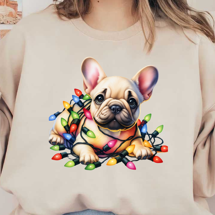 Un adorable Bulldog Francés juguetonamente enredado en coloridas luces navideñas, irradiando encanto y espíritu festivo.