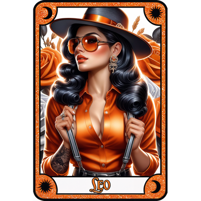 Una elegante ilustración de una mujer con cabello oscuro y suelto, vestida con un atuendo naranja y gafas de sol, sobre un fondo de rosas vibrantes.