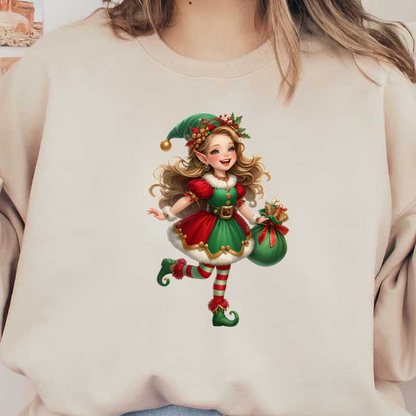 A cheerful elf girl in a festive red and green outfit, holding a bag of gifts with a playful smile.DTF Transfers dtf prints