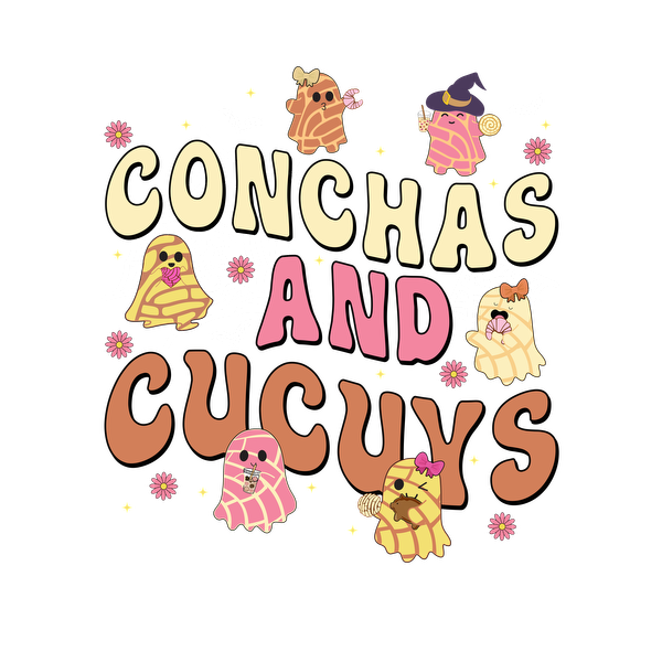 Un diseño caprichoso con simpáticos personajes de conchas y cucuy, colores brillantes y un texto divertido que dice "Conchas y Cucuy".