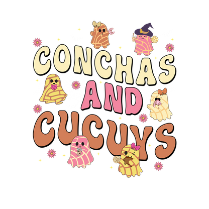 Un diseño caprichoso con simpáticos personajes de conchas y cucuy, colores brillantes y un texto divertido que dice "Conchas y Cucuy".