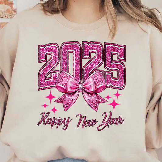 Celebrate the New Year 2025 with this sparkly pink design featuring glittery numbers and a festive bow!DTF Transfers dtf prints