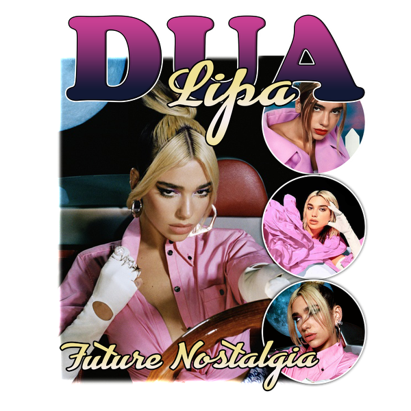 A stylish cover featuring Dua Lipa in a pink outfit, promoting her album "Future Nostalgia" with vibrant, eye-catching graphics.DTF Transfers dtf prints