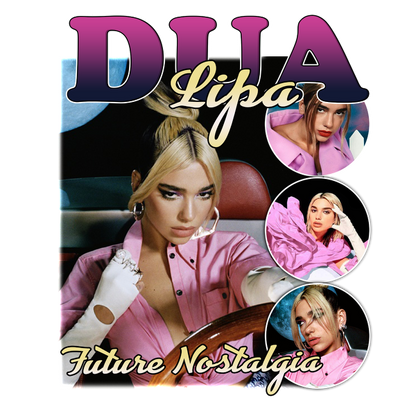 A stylish cover featuring Dua Lipa in a pink outfit, promoting her album "Future Nostalgia" with vibrant, eye-catching graphics.DTF Transfers dtf prints