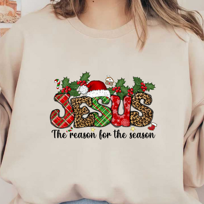 Celebrate the holiday spirit with this festive "JESUS" design, featuring playful patterns, holly, and a cheerful Santa hat!DTF Transfersdtf regular iron heat press transfers